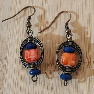 Hand Crafted Vintage Style Bronze and Orange Beaded Pierced Earrings